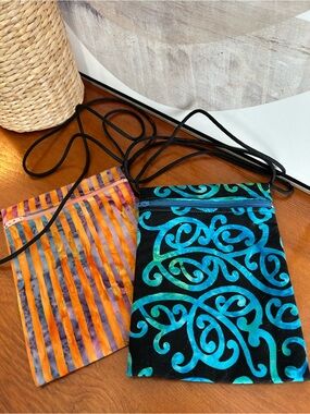 Boho Zipper top bags Multi colored fabric crossbody purses Long drop black cord